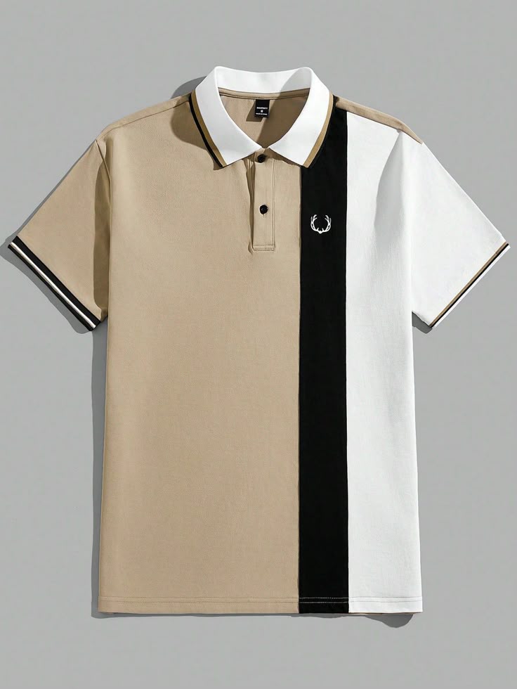Men's Color Block Polo Shirt - Beige Black White
