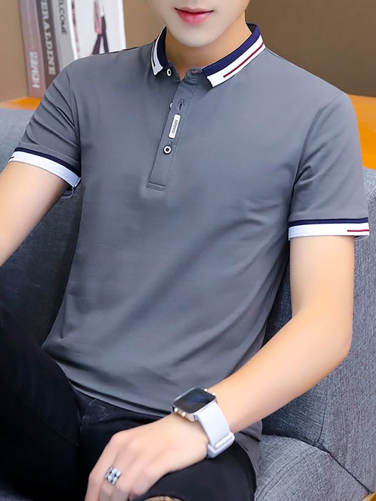 Men’s Polo T-Shirt – Slim Fit, Short Sleeve, Grey Casual Wear with Contrast Collar & Sleeve Trim